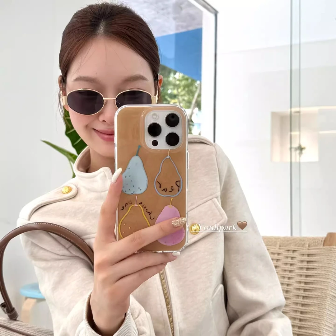 ins韩系秋冬栗子棕涂鸦线条雪梨15适用16pro苹果17ProMax手机壳14