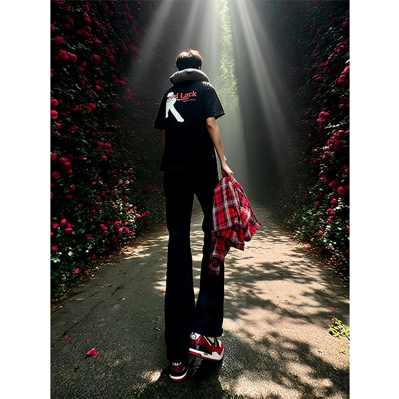 美式高街黑色牛仔裤男夏季薄款提档显瘦vibe裤子修身直筒微喇长裤