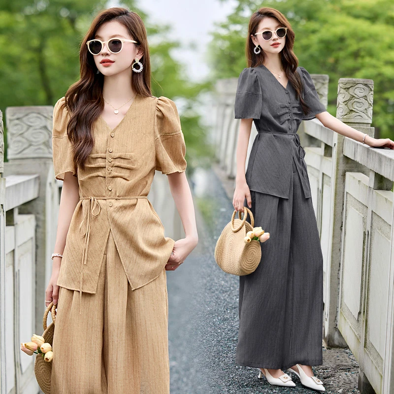 休闲时尚职业套装女2024夏季新款设计感气质高腰垂感阔腿裤两件套