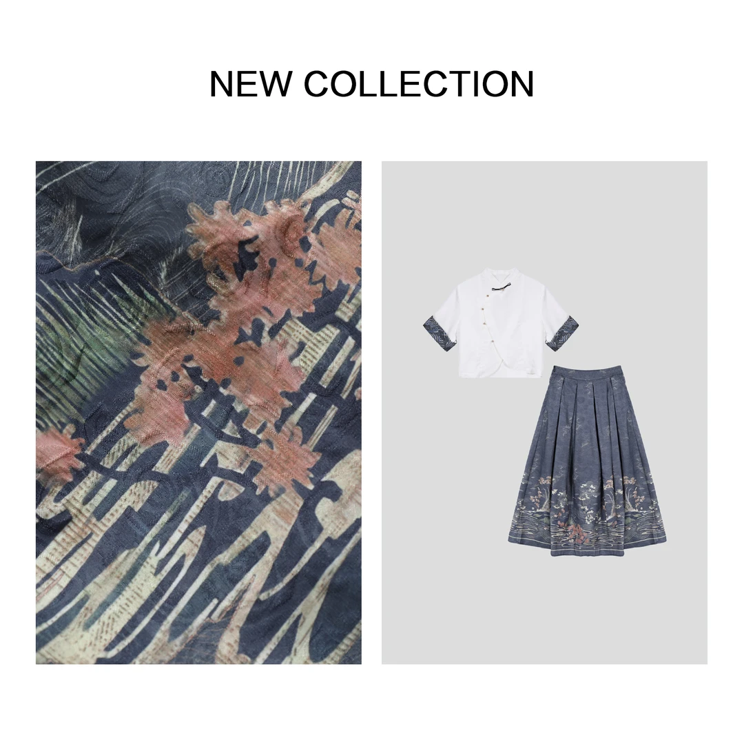 【小依专享】D3F28089撞色袖口白衬衫+复古印花百褶半裙套装-8089