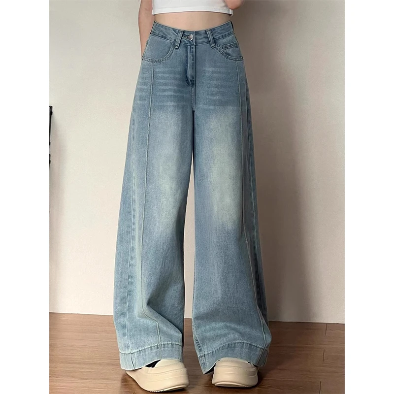 【MissQ原创】复古蓝阔腿牛仔裤女梨形身材胖mm高腰宽松显瘦直筒裤