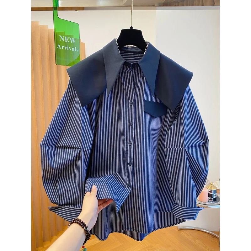 别致娃娃领披肩条纹衬衫女2025新款韩版宽松蓝色海军领大翻领上衣