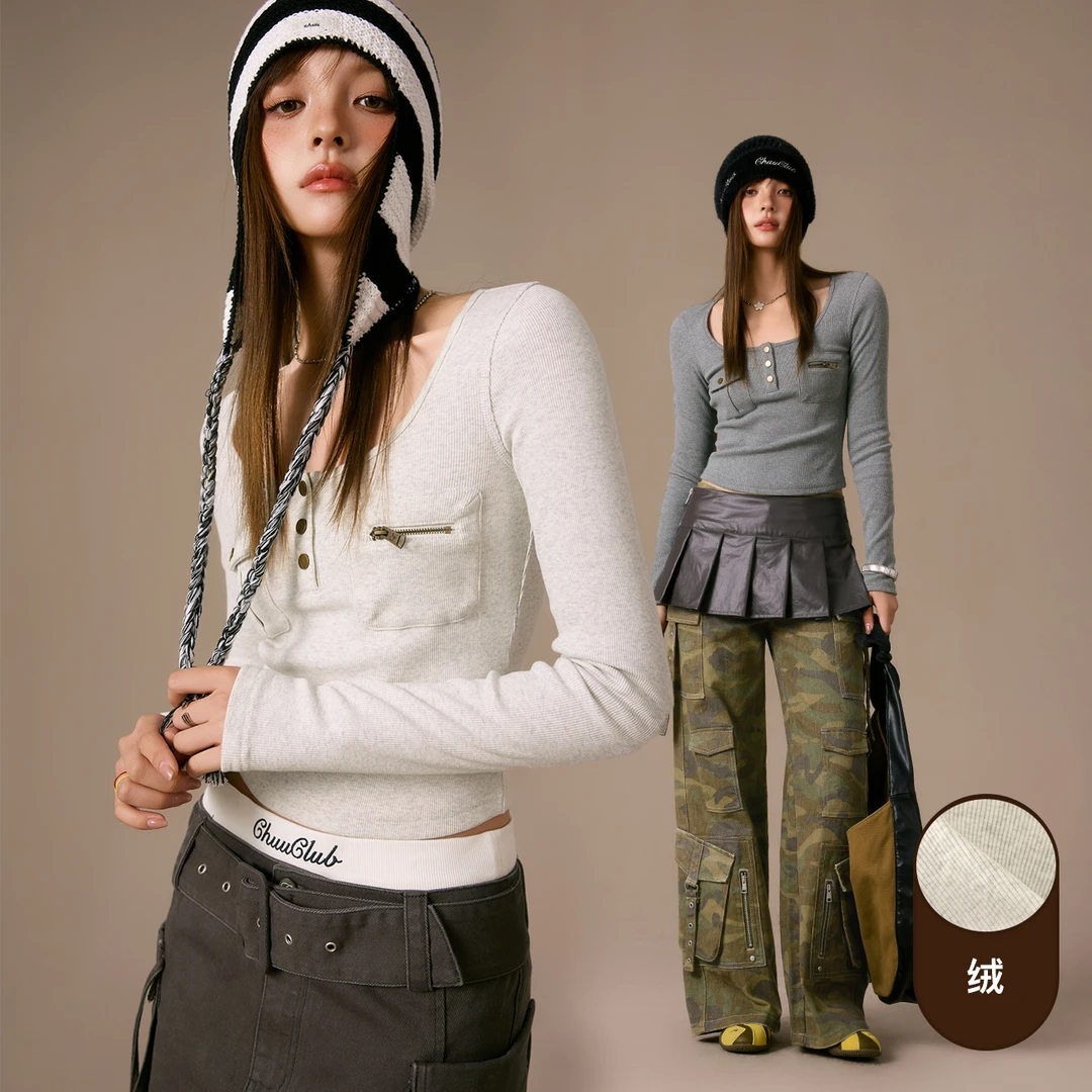 CHUU方领正肩复古上衣冬季新款拉链口袋修身短款长袖内搭辣妹T恤