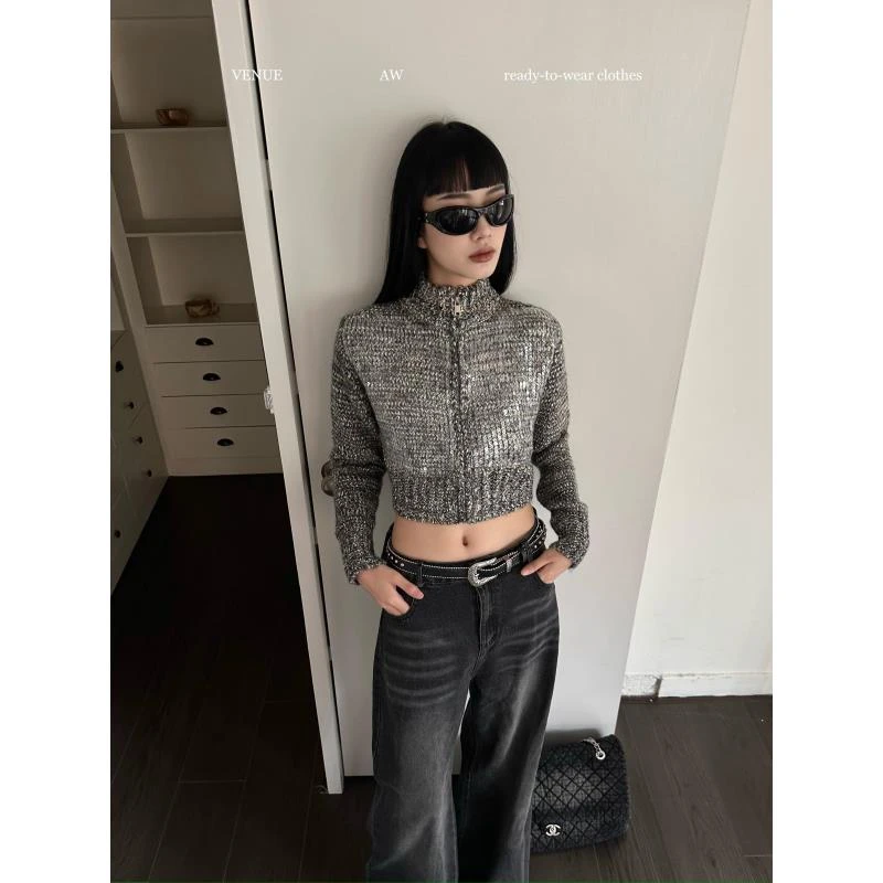 VENUIE23年秋冬新款短款时髦个性重工亮片长袖拉链针织开衫毛衣女