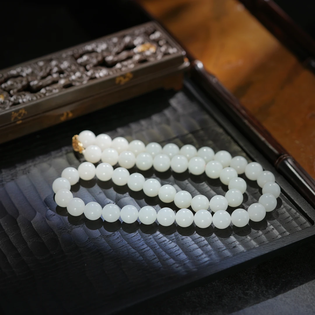 收藏级 和田白玉素串妈妈链 10mm± 18K金扣 H18626