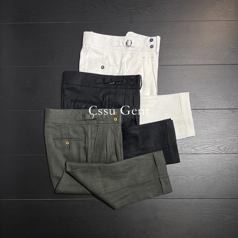 高定夏季100%那不勒斯双褶直筒亚麻西裤男士休闲百搭透气九分裤