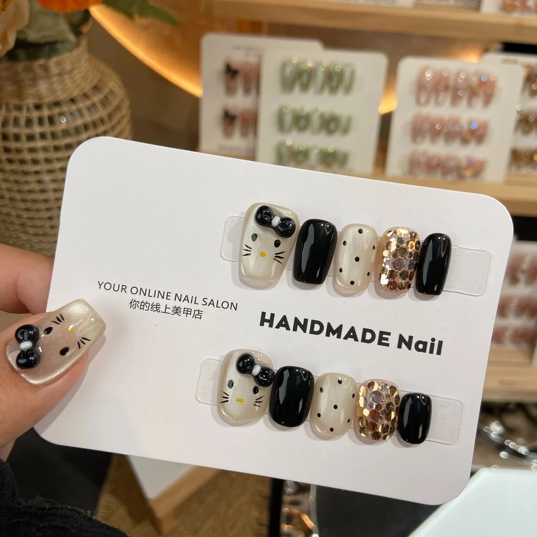 【黑色Kitty】-纯手工穿戴甲温柔显白简约风美甲贴可拆卸
