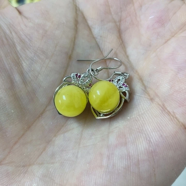 银S925镶嵌蜜蜡裸石耳钩