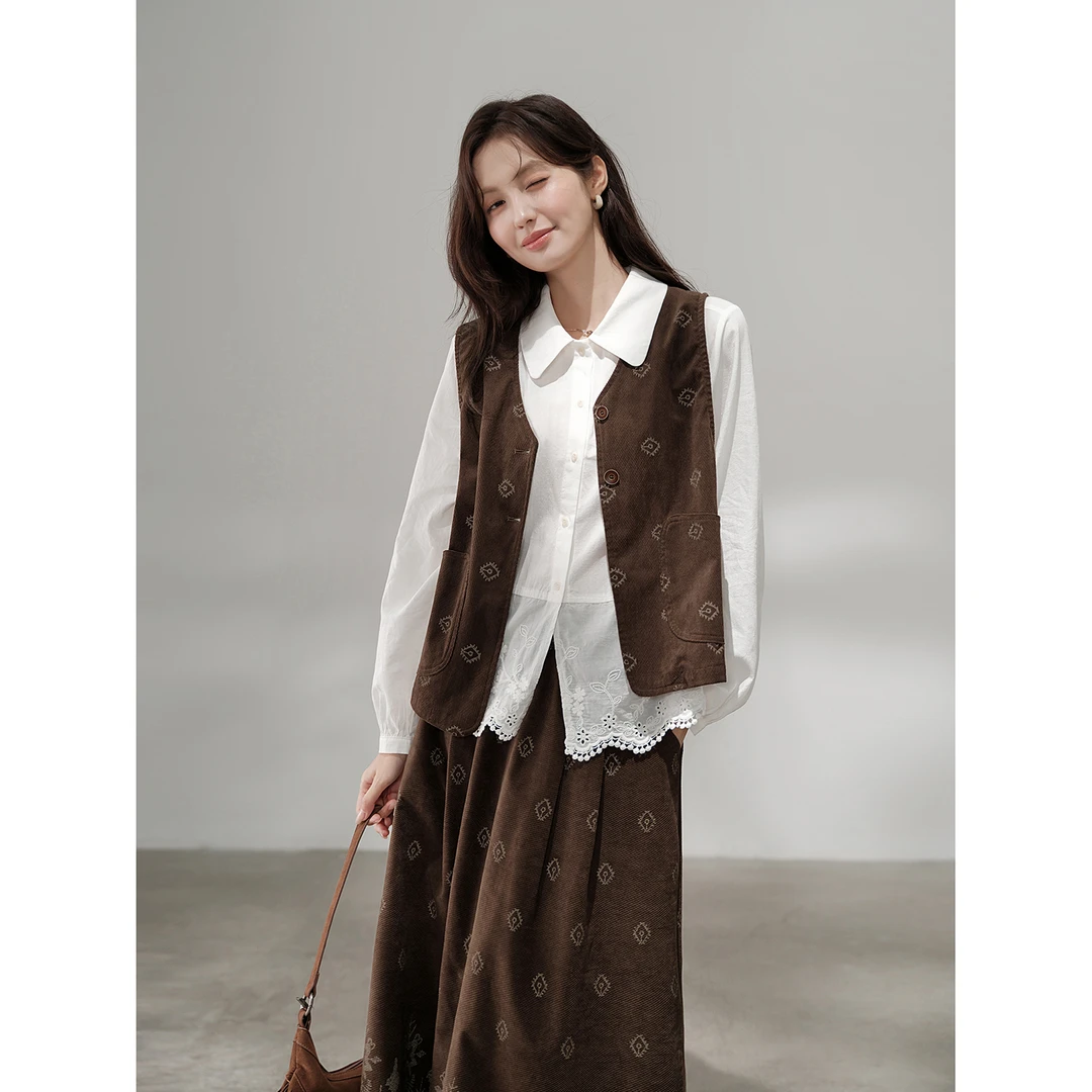 木易易复古印花灯芯绒马甲半身裙两件套装女秋季美拉德穿搭一整套