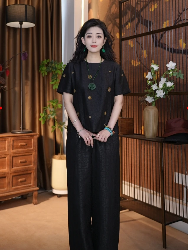 100桑蚕丝龟裂文香云纱时尚休闲新中式宽松净版中国风女士T恤0101