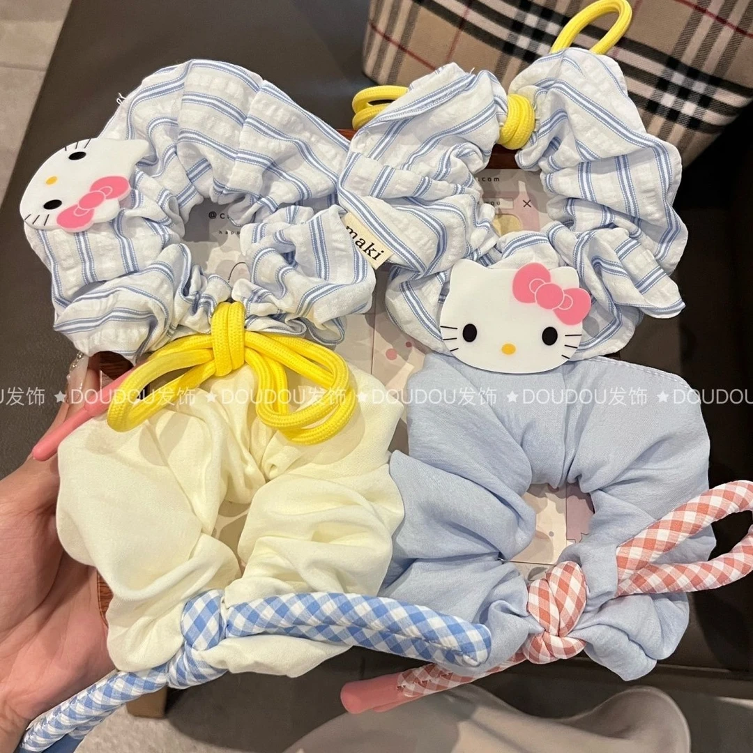 韩系KT少女猫咪蝴蝶结大肠发绳清爽条纹大号发圈头绳丸子头皮