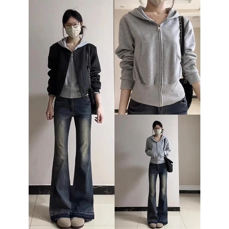 灰色短款外套运动收腰连帽卫衣女2025春秋季新款百搭休闲拉链开衫