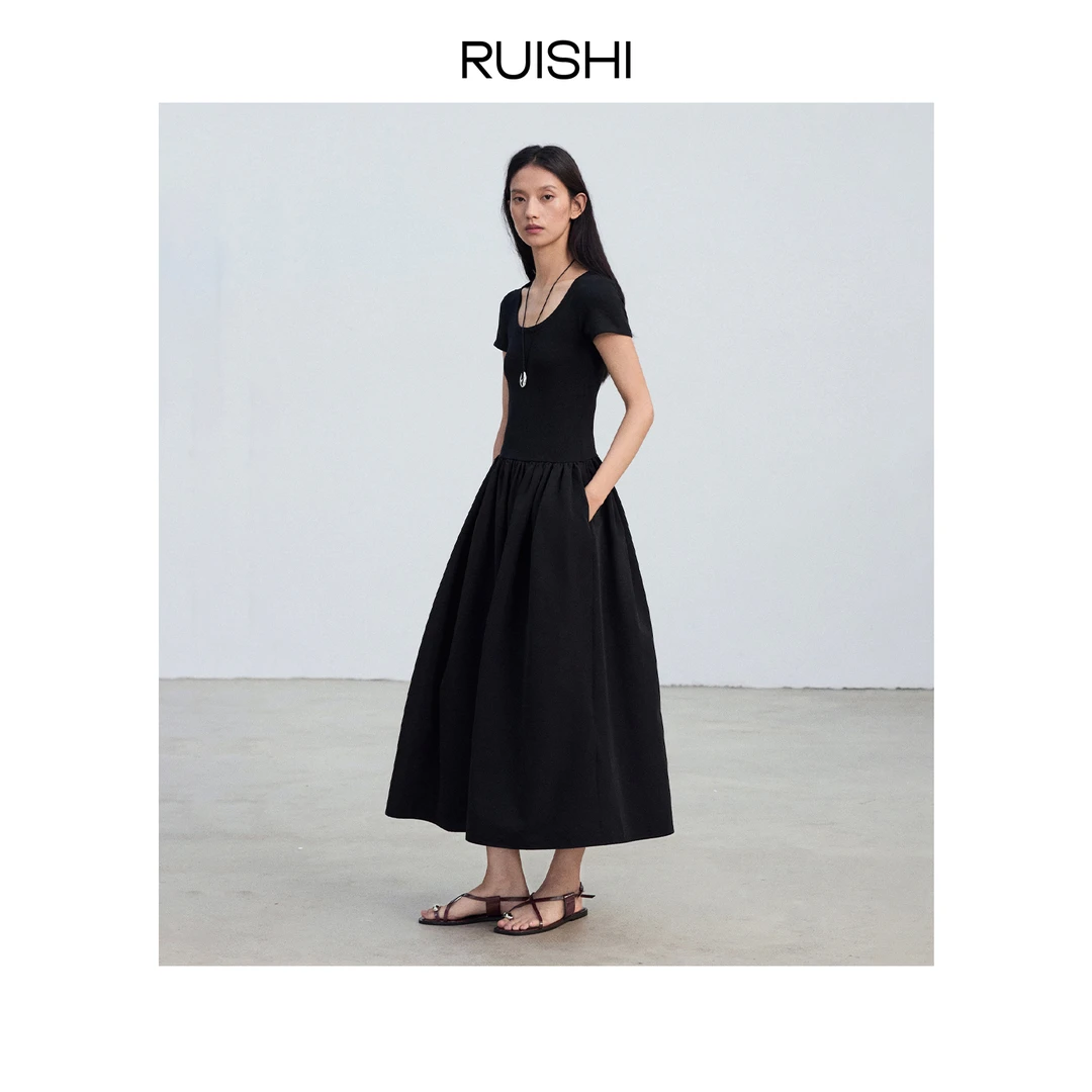 RUISHI芮时黑天鹅轻量中空纱短袖u领连衣裙气质吊带裙子女夏季