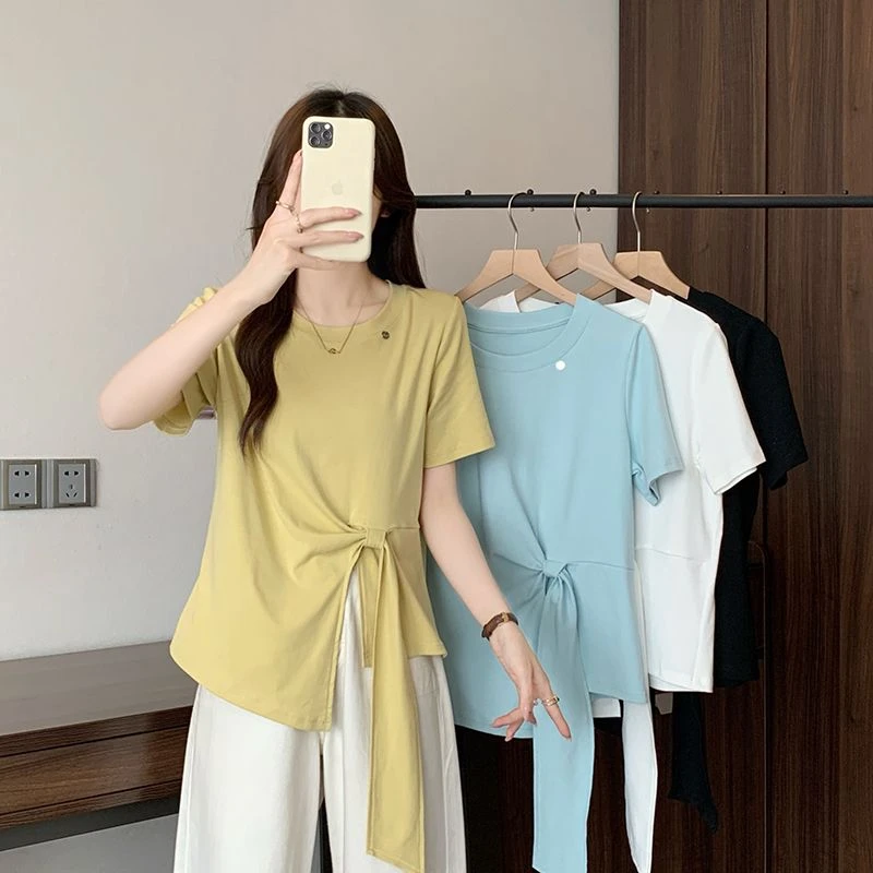 设计感不规则飘带短袖T恤女正肩夏季大码胖mm显瘦遮肚子独特上衣