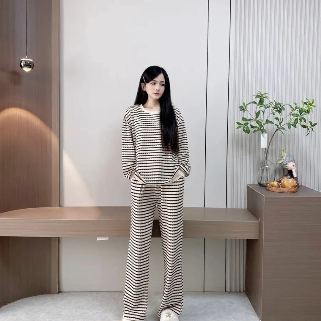 带胸垫条纹韩版时尚显瘦睡衣家居服休闲可外穿两件套