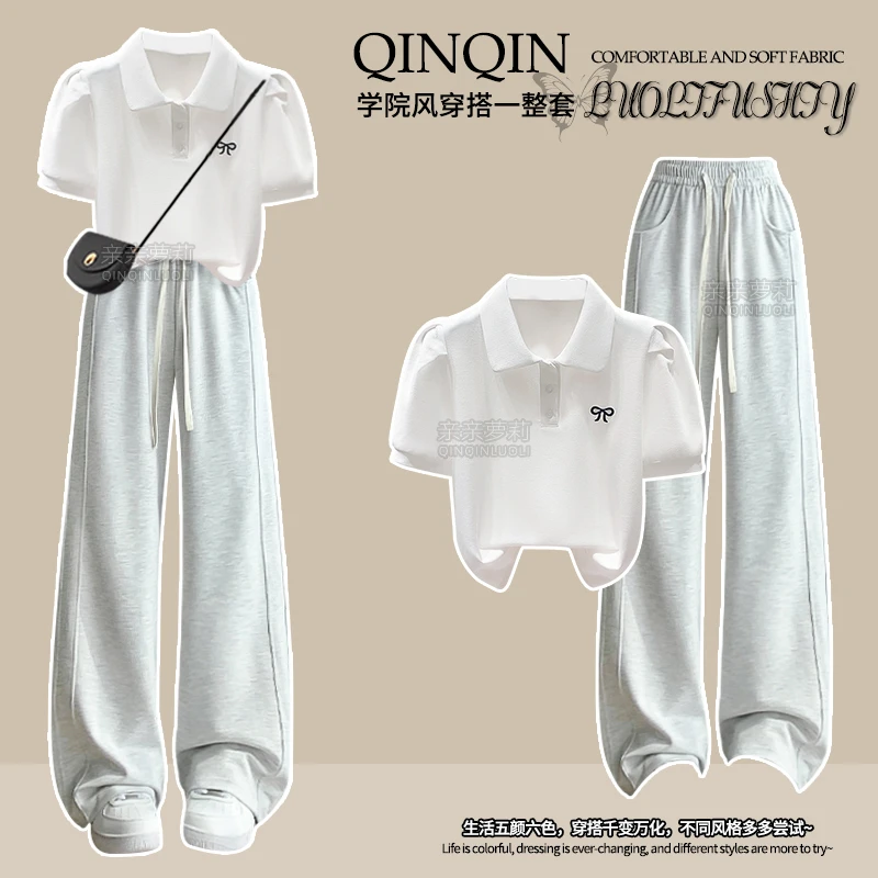 亲亲萝莉女童夏季阔腿裤套装新款Polo衫女孩初中生休闲运动两件套