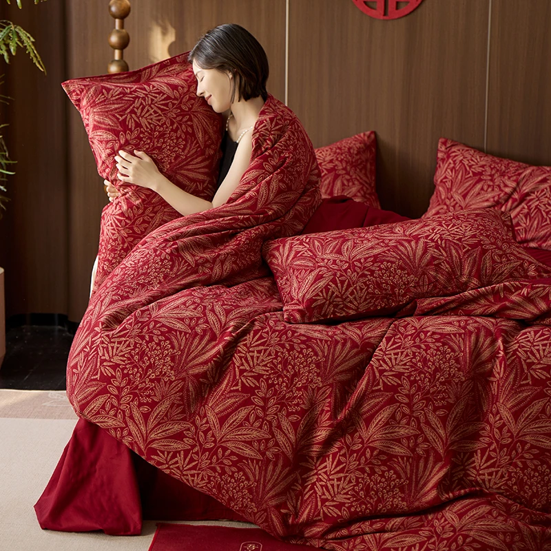 轻奢高级感红色四件套结婚全棉色织提花喜被婚庆简约高端床上用品