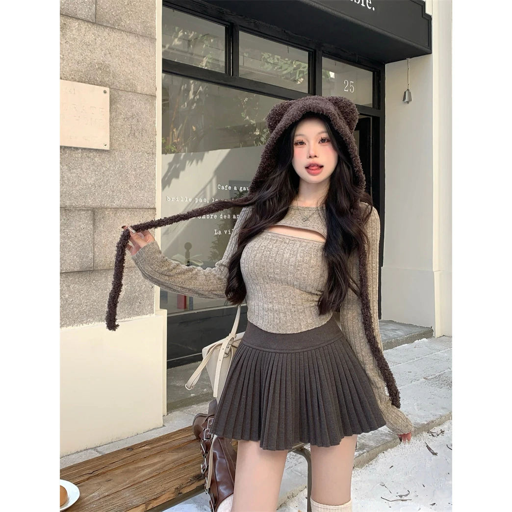 上衣开衫显瘦少女性感柔软可拉拉链圆领针织长袖打底衫百褶裙套装