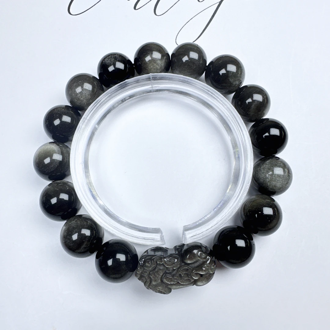 （成品）天然银曜石10-14mm手串男士黑色圆珠珠宝手链