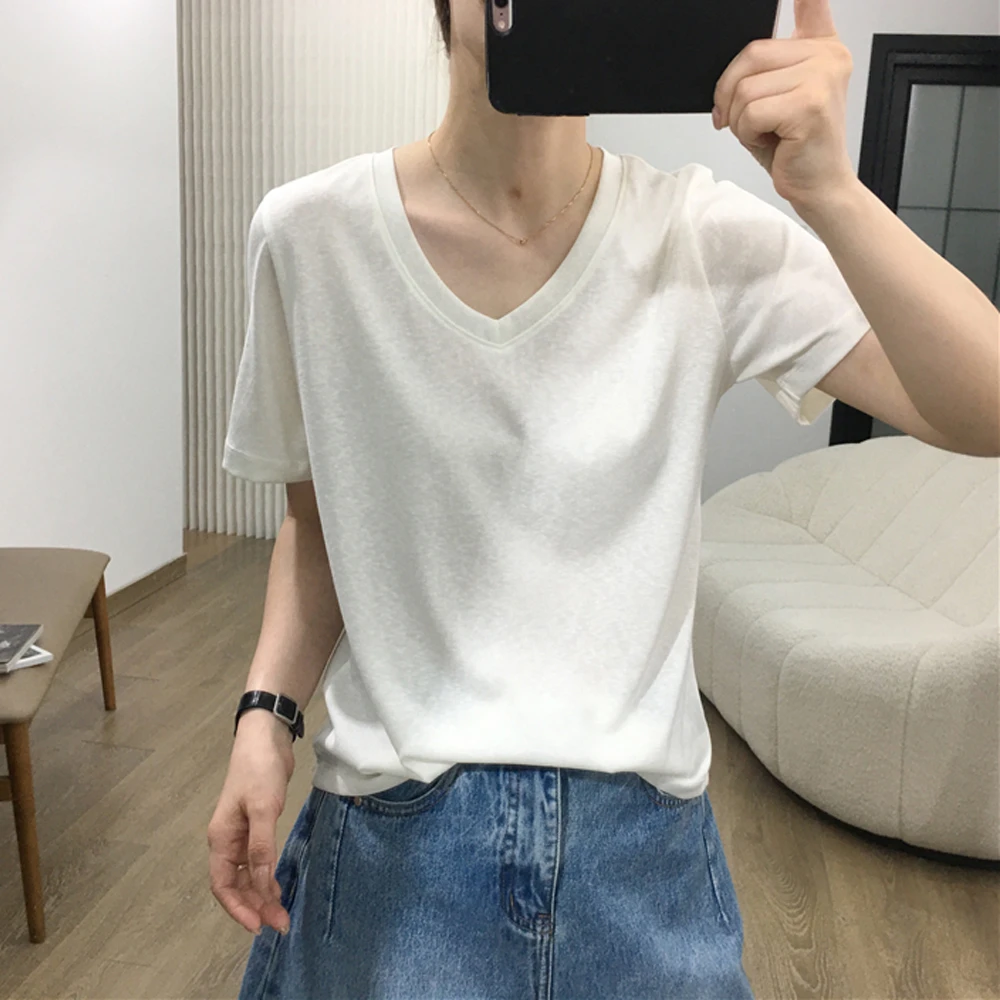 雪花棉V领短袖t恤女2025夏季新款韩版宽松休闲亲肤透气上衣ins潮