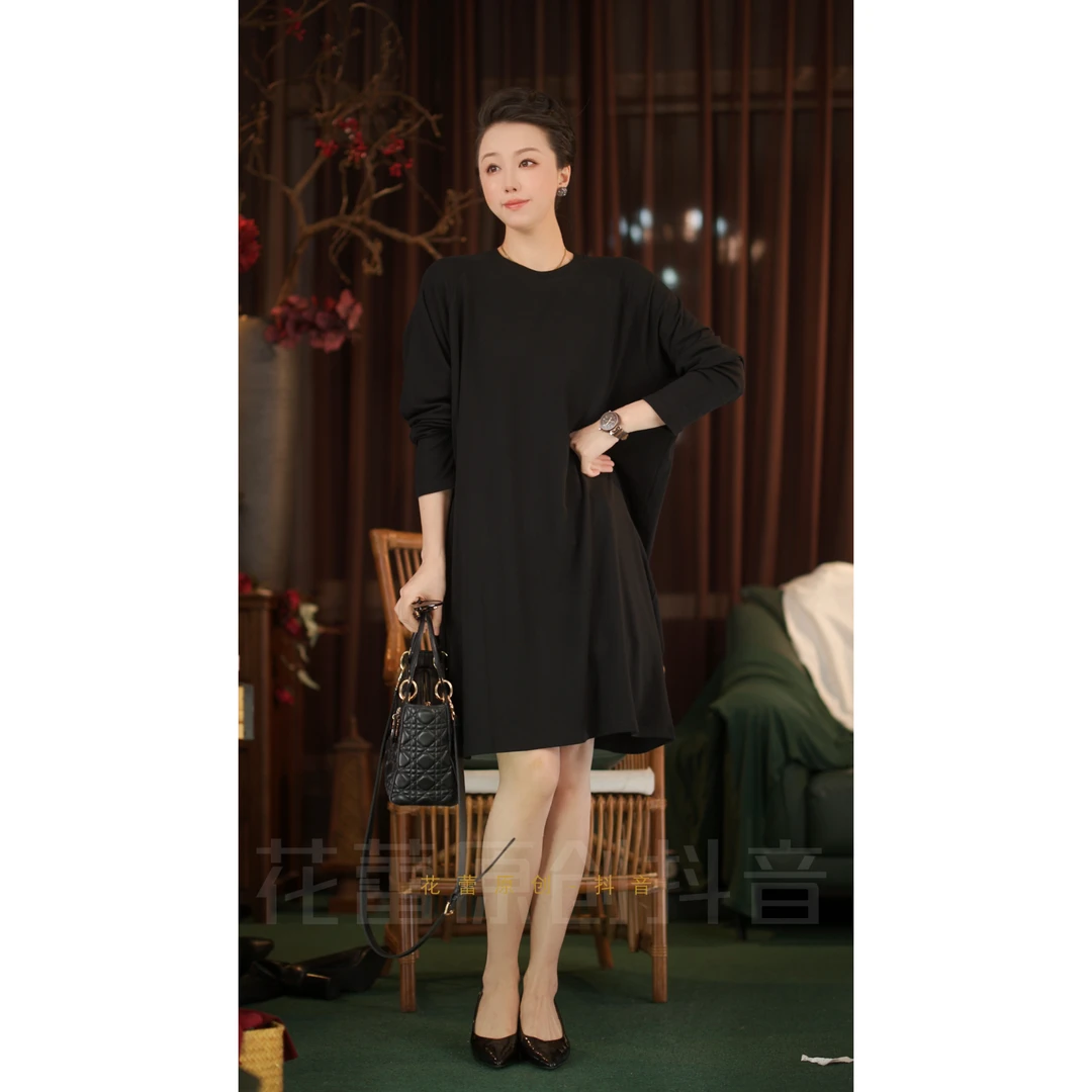 {花蕾原创}原创设计长袖圆领连衣裙插肩袖加绒休闲时尚简约百搭