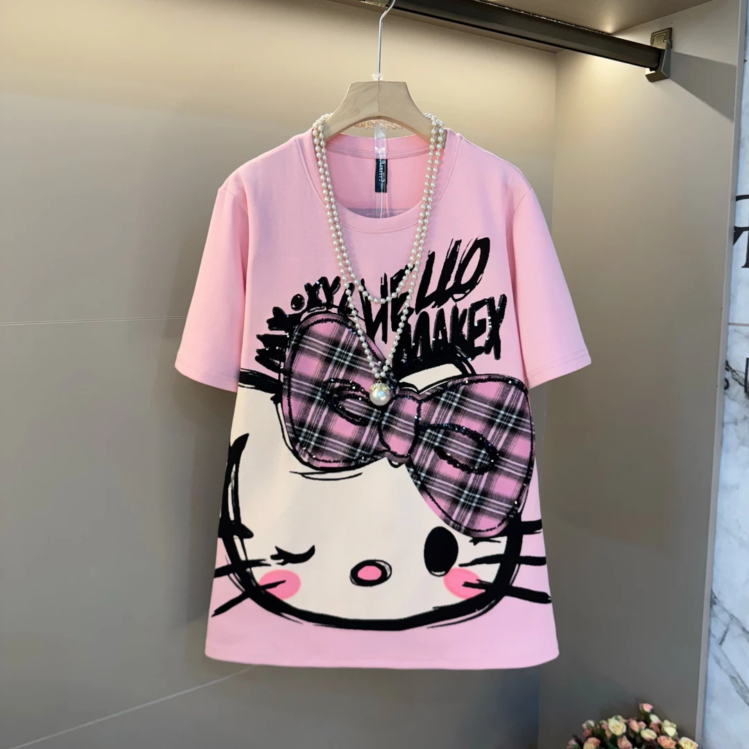 大码女装2025春夏新款重工卡通猫图案短袖T恤宽松时尚百搭上衣潮