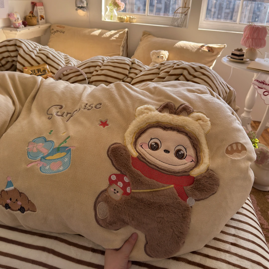 bubu熊牛奶绒床上四件套卡通冬天加绒被套被罩宿舍床单三件套床品