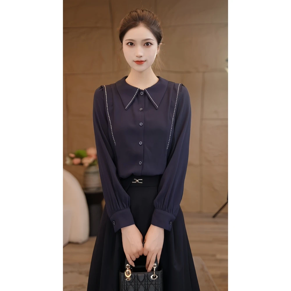 【婷婷甄选】曼贝衬衫女士高级显瘦8593133A藏青色气质衬衣