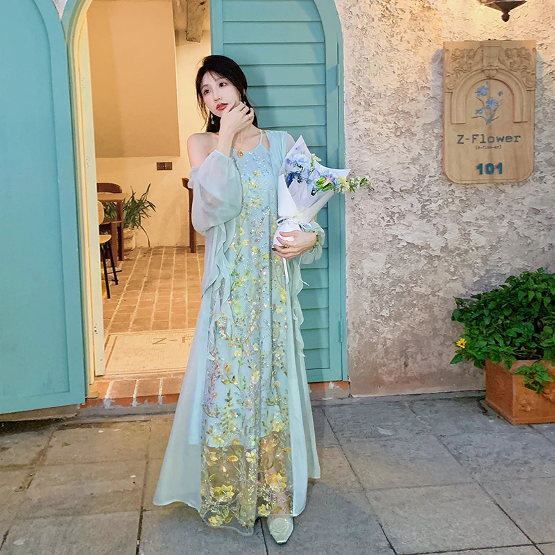 果果家 新中式设计师时尚长款显瘦仙女2025春季显瘦吊带连衣裙