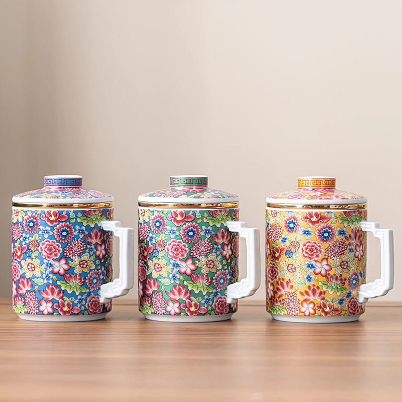 高档珐琅彩水杯陶瓷办公室茶水分离杯带盖大容量男女士个人泡茶杯