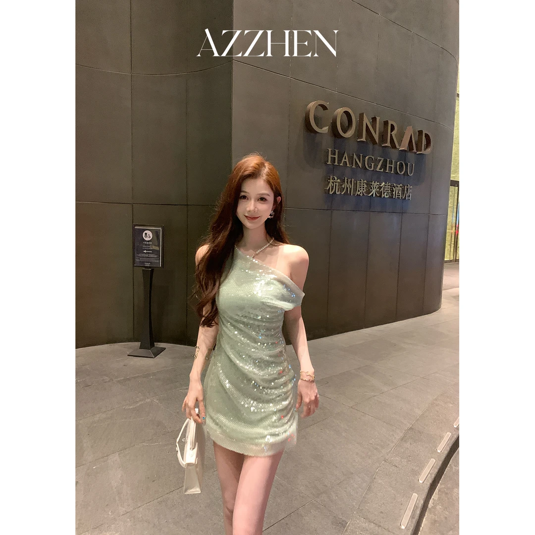 AZZHEN【薄荷微醺】一字肩珠片连衣裙AZ5BSL18-00