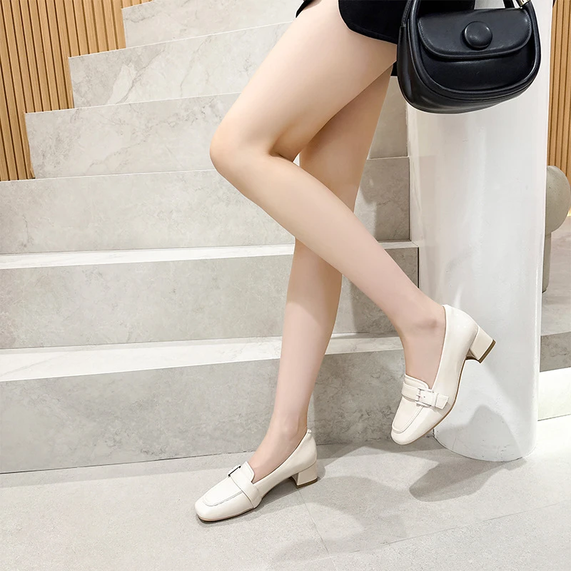 2025秋季真皮时装跟鞋女韩版搭扣套口休闲鞋女一脚蹬玛丽珍女鞋子