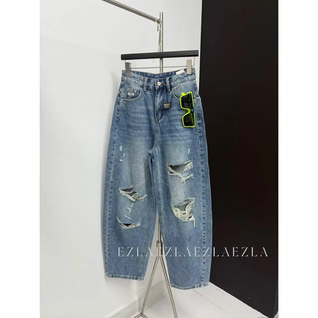 EZ8533-夏季新款高级蓝显瘦时尚设计感无弹水洗弯刀堆堆裤