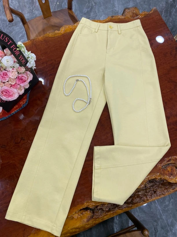 2025早春新款轻奢弯刀高腰显瘦宽松两色斜杠牛仔阔腿长裤.