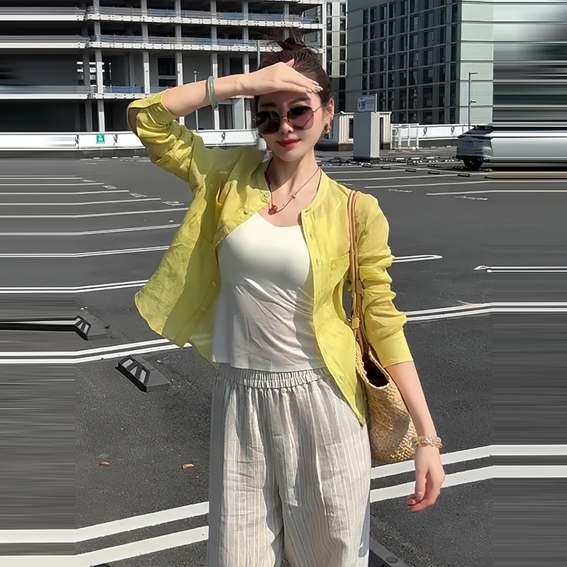 黄色时尚减龄衬衫女款夏季韩版高级感薄款防晒衫衬衣洋气休闲上衣