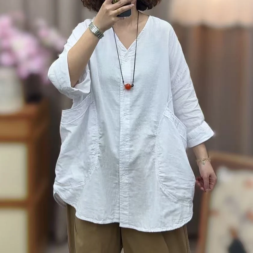 2436春夏新款V领开衫衬衫口袋百搭显瘦女衬衣加大200斤