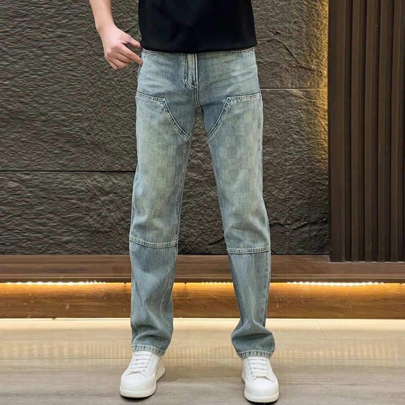 高端美式复古做旧蓝色款式直筒阔腿裤男士牛仔裤潮牌时尚修身百搭