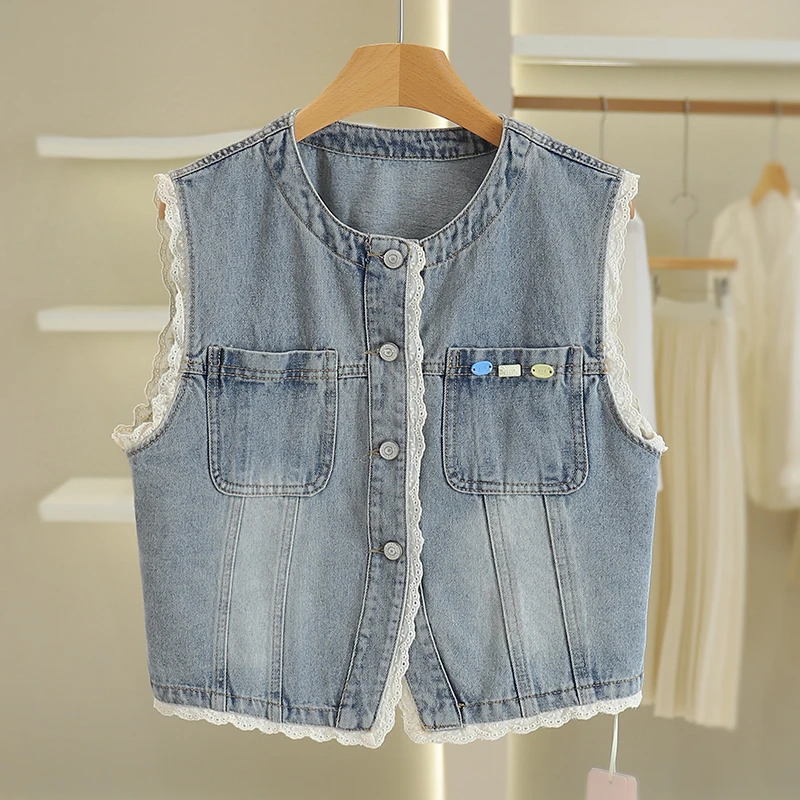 2025春夏新款韩版时尚蕾丝拼接圆领单排扣坎肩牛仔马甲外套女马夹