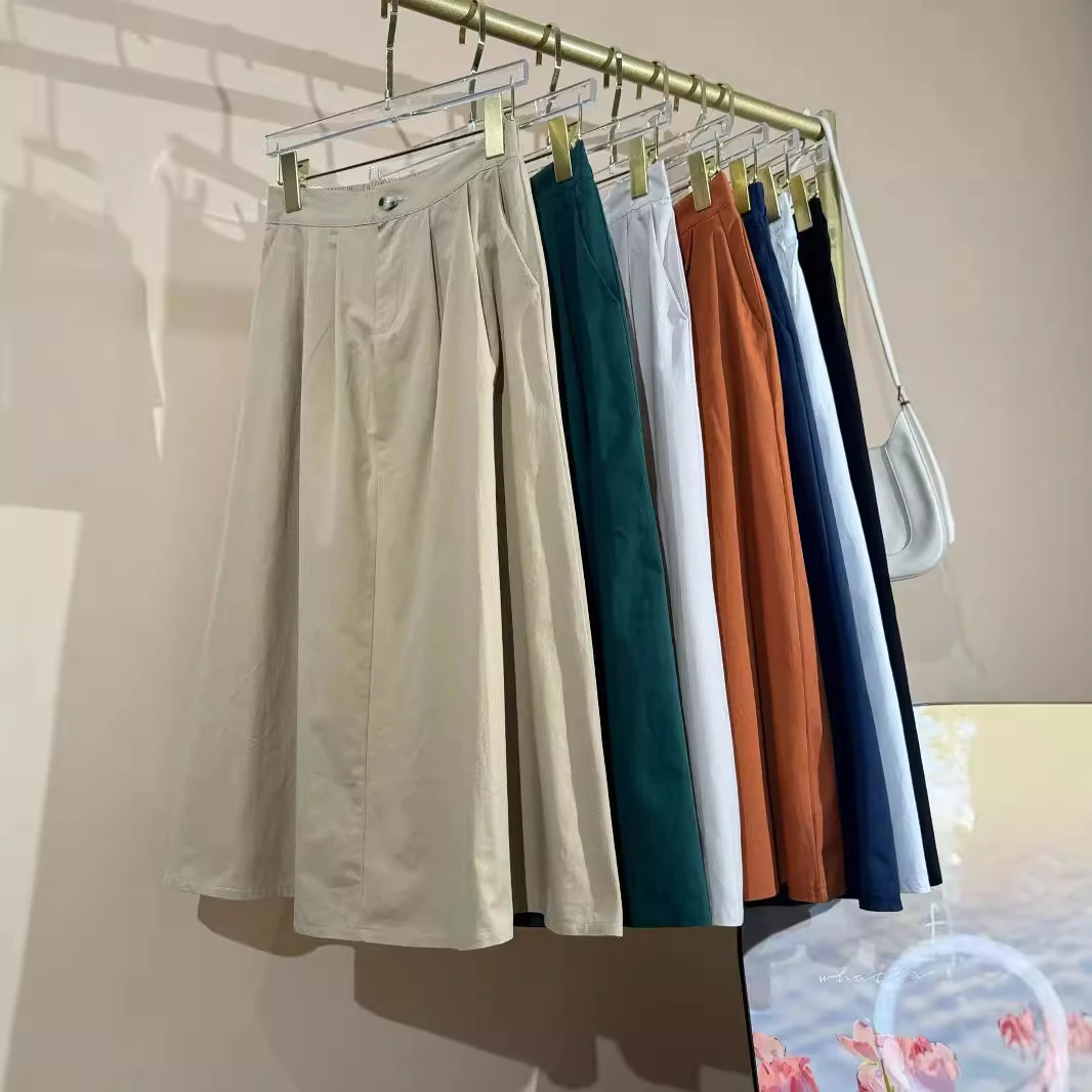 韩版水洗棉工装口袋一粒扣半身裙高腰显瘦A字百搭通勤中长款裙子