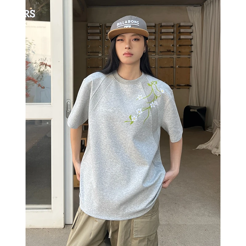 404MOB花卉刺绣解构拼接boxy版型短袖T恤男女短款cleanfit正肩潮t
