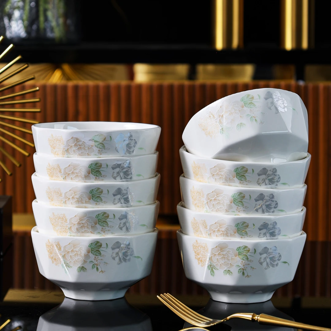 白玉梦幻花影4.5英寸米饭碗10只装