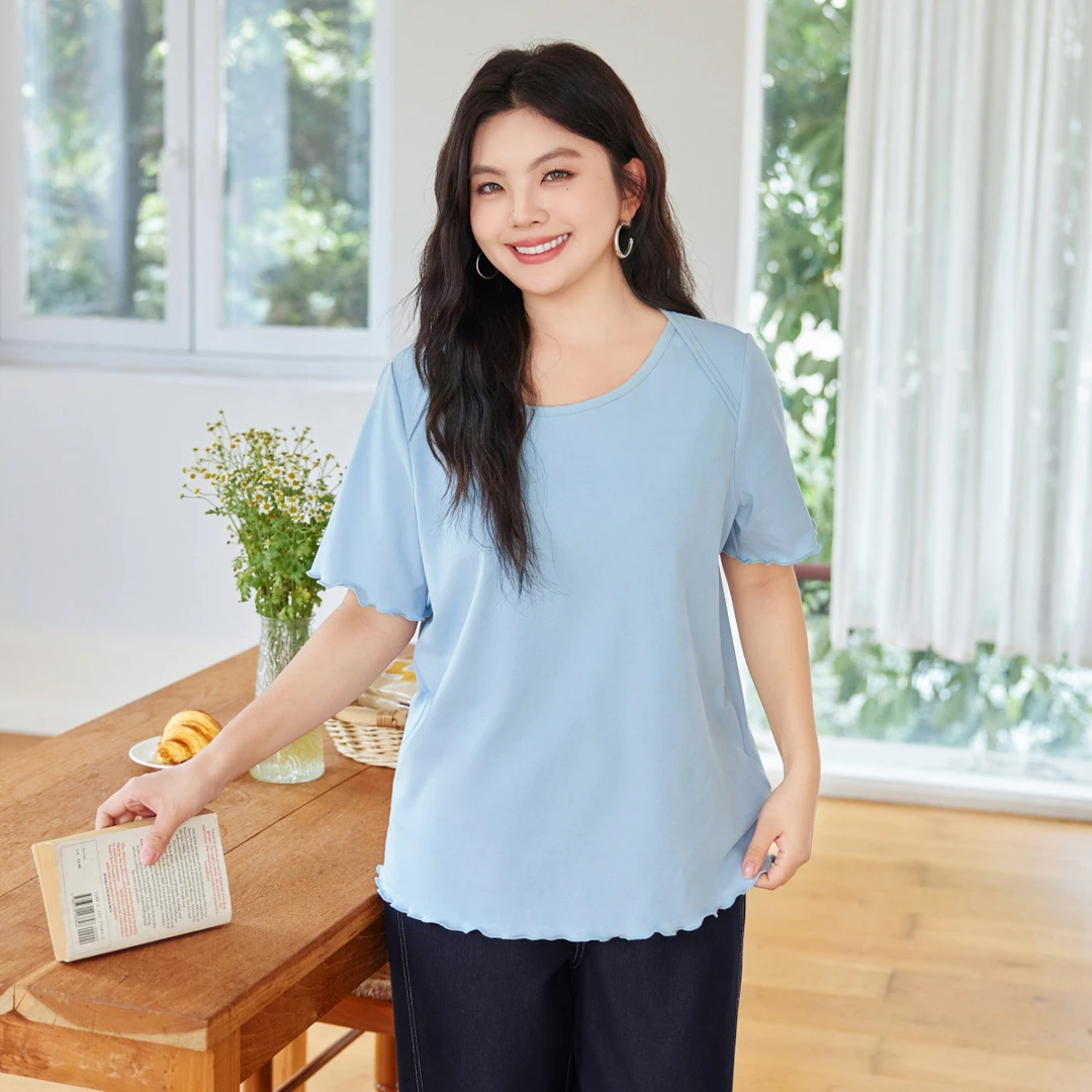 MsShe大码女装2025时尚显瘦天丝棉秋双弧正肩短袖T恤M2506029