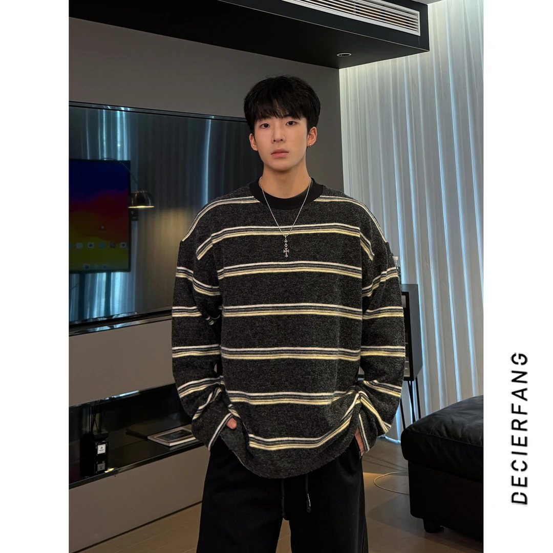 898123彩虹条纹长袖T恤冬季2024新款潮牌宽松百搭打底上衣