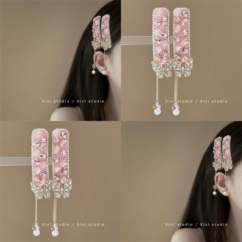 开罗都会！粉色水钻蝴蝶流苏发夹！新中式刘海夹精致刘海夹新款