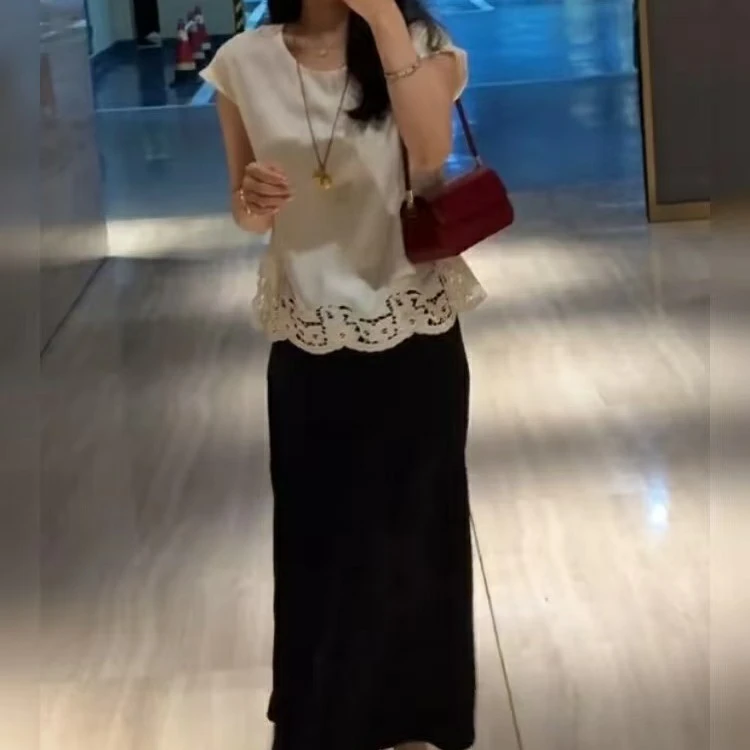 夏季新款法式圆领短袖上衣高腰显瘦百搭半身裙