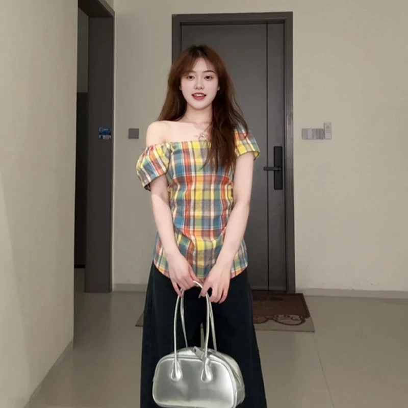 大码胖mm纯欲风一字肩格纹衬衫女2025夏季新款收腰显瘦甜辣妹上衣