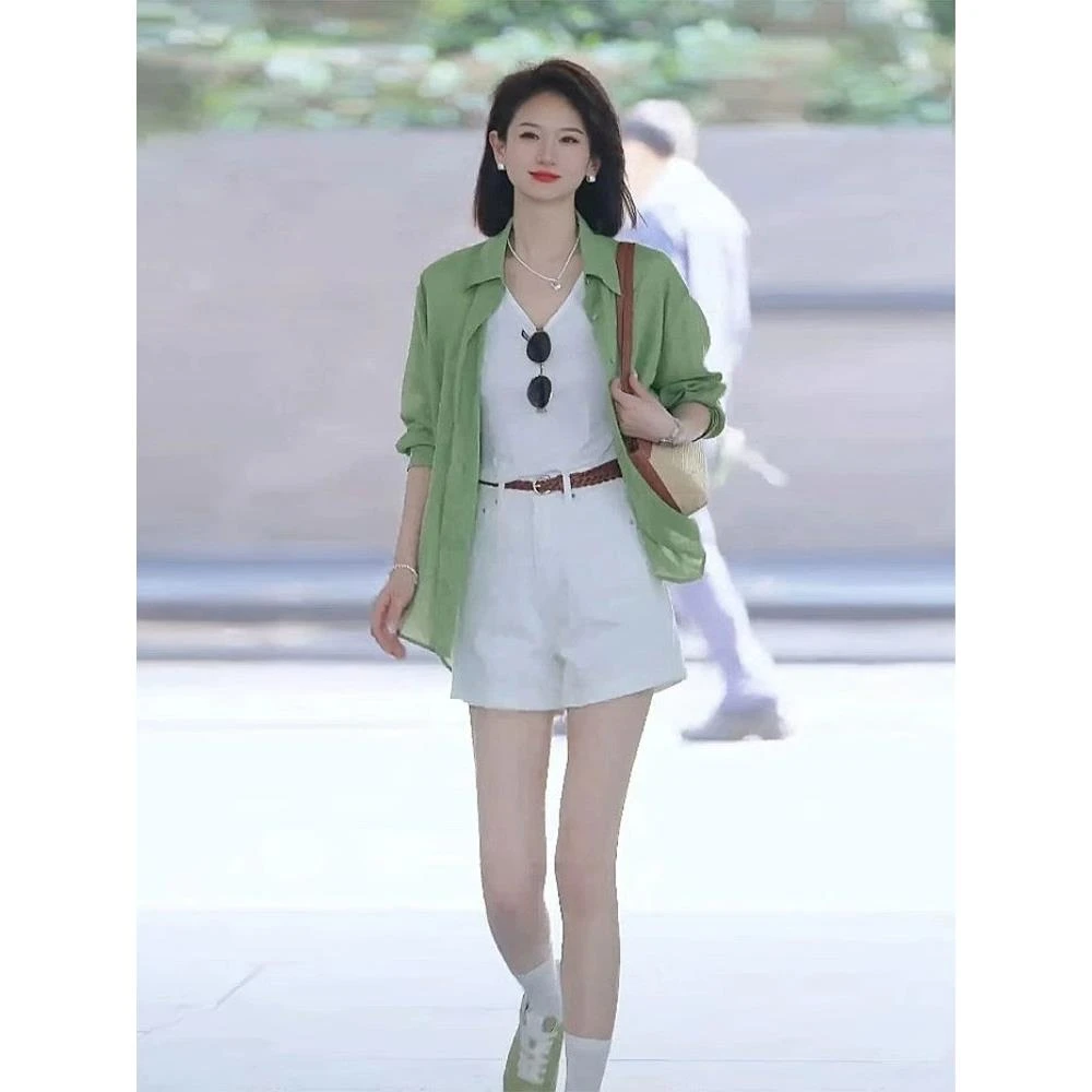 2025超火夏季一整套ootd穿搭小个子气质休闲慵懒衬衫套装短裤女款