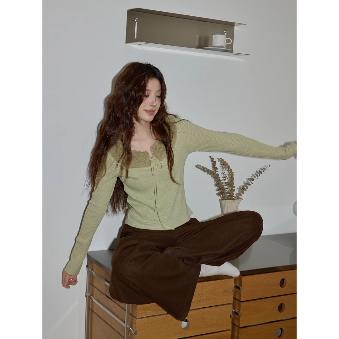 【吵吵家】韩系绿色毛领内搭打底衫女2025冬季休闲气质长袖针织衫