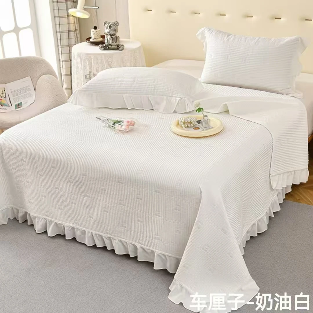 [羽鸿严选】纯色荷叶边车厘子莱赛尔天丝床盖三件套 夹棉绗缝刺绣