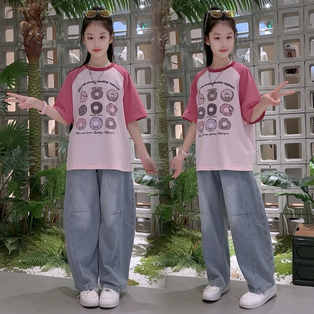 女童夏装套装T恤牛仔裤运动休闲百搭两件套夏季宽松中大童薄款ins